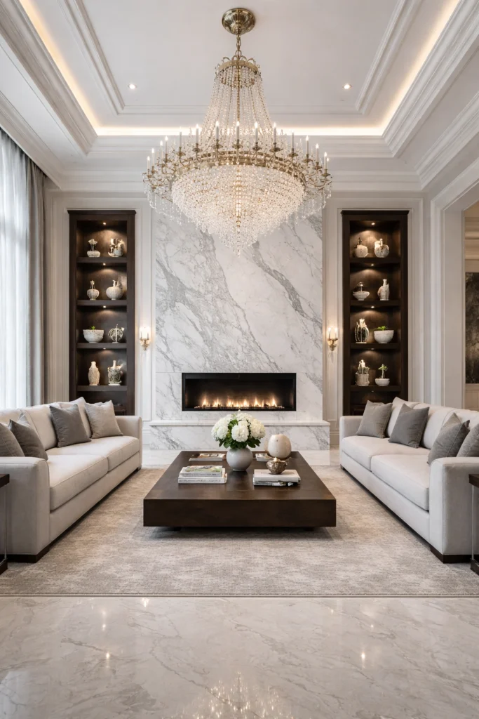 Fireplace with Grand Chandelier Centerpiece Idea