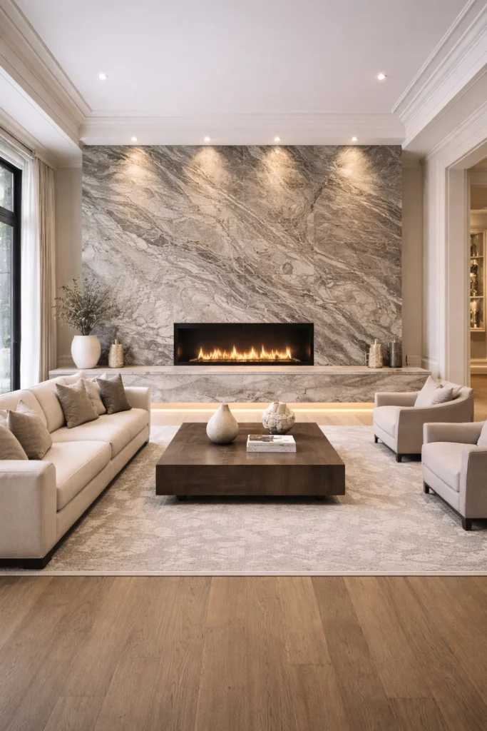 Fireplace with Large Stone Slab Wall Idea