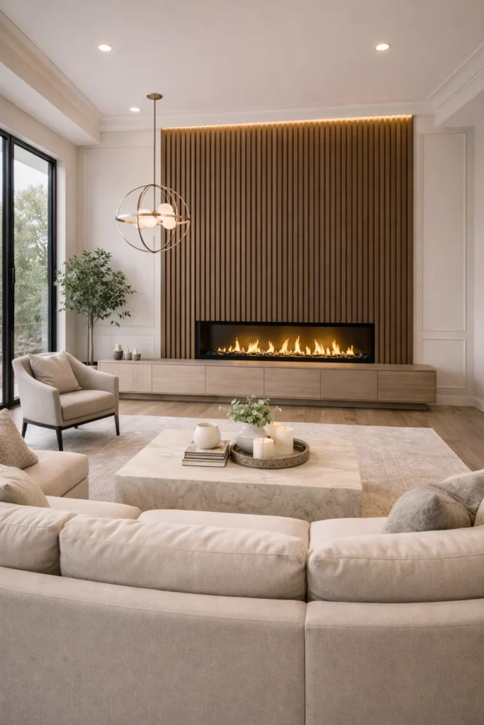 Fireplace with Vertical Wood Slat Accent Wall Idea