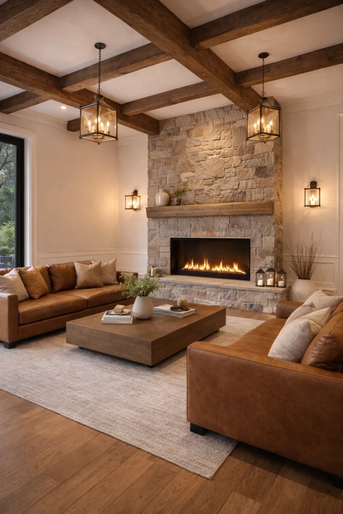 Fireplace with Wood Beam Ceiling Design Idea
