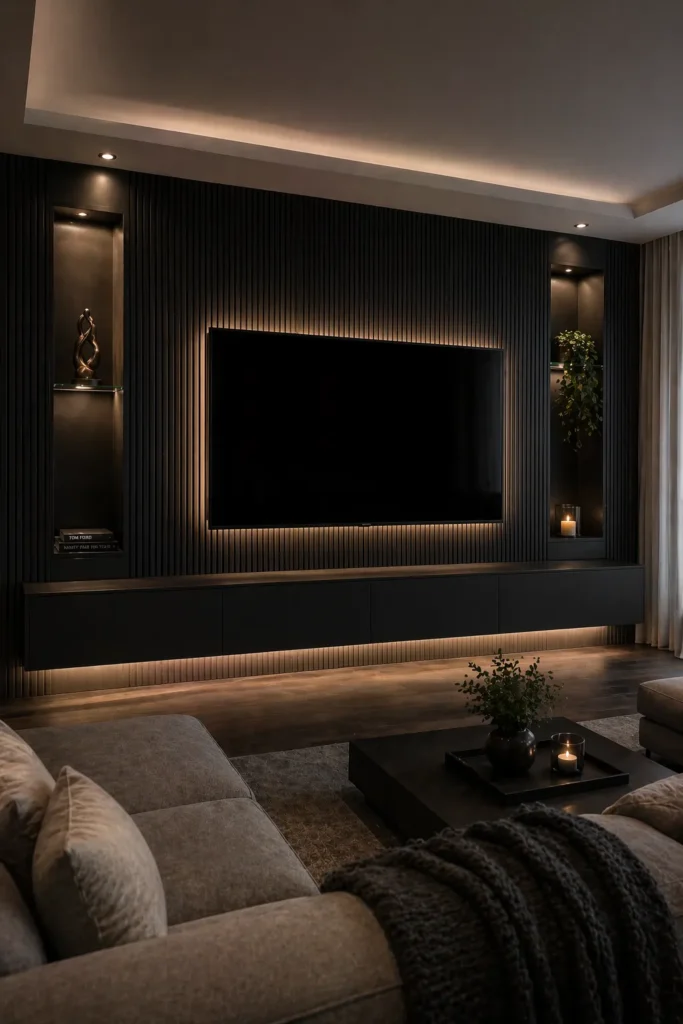 Floating Black Ribbed Media Wall Idea