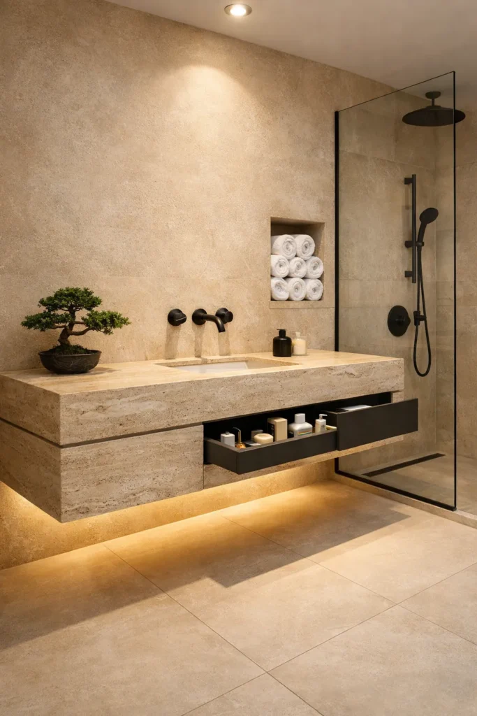 Floating Stone Vanity with Underlighting Idea