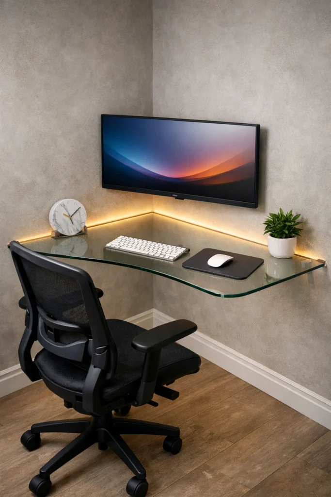 Floating Corner Glass Desk Setup Idea