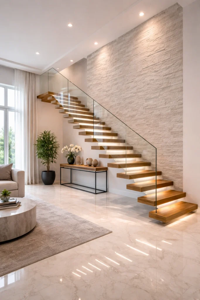 Floating Glass Staircase Along Feature Wall Style