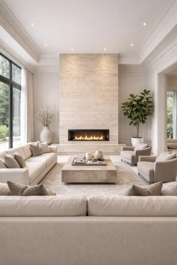 Floor-to-Ceiling Natural Limestone Fireplace Wall Idea