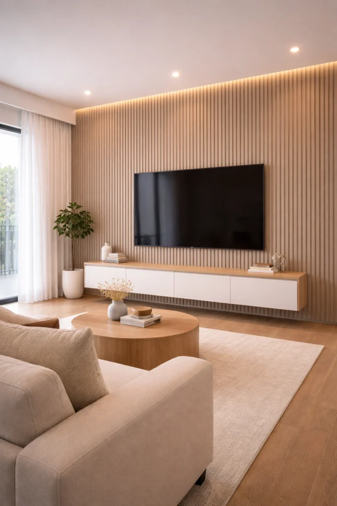 Floor-to-Ceiling Vertical Panel Living Room Idea