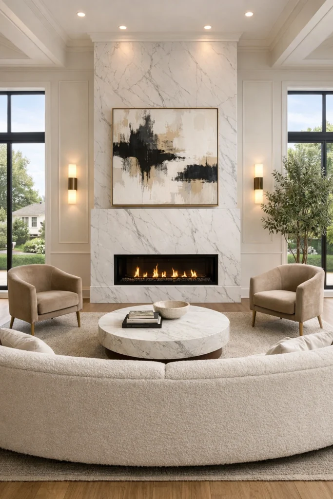 Floor-to-Ceiling White Marble Statement Fireplace Idea