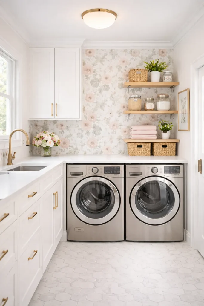 Floral Wallpaper Laundry Room with Bright Cabinets Idea