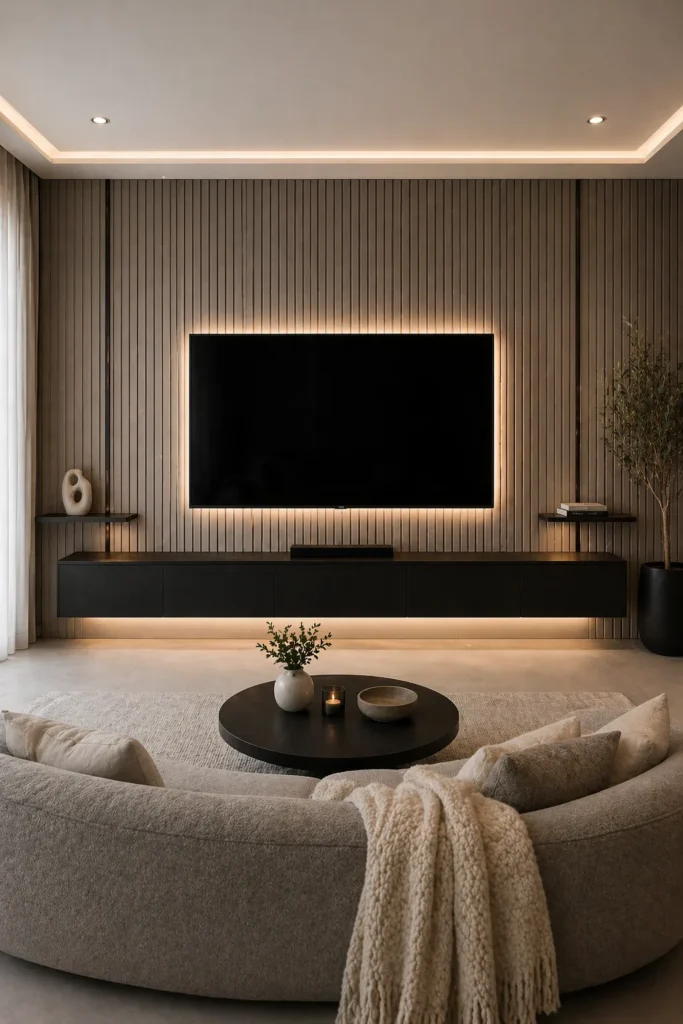 Fluted Taupe Panel Media Wall Idea