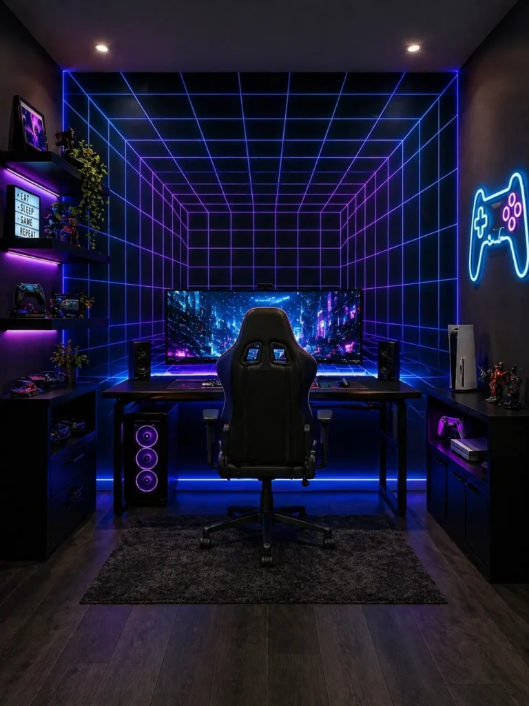 Gaming Room with Black Neon Grid Wallpaper Idea