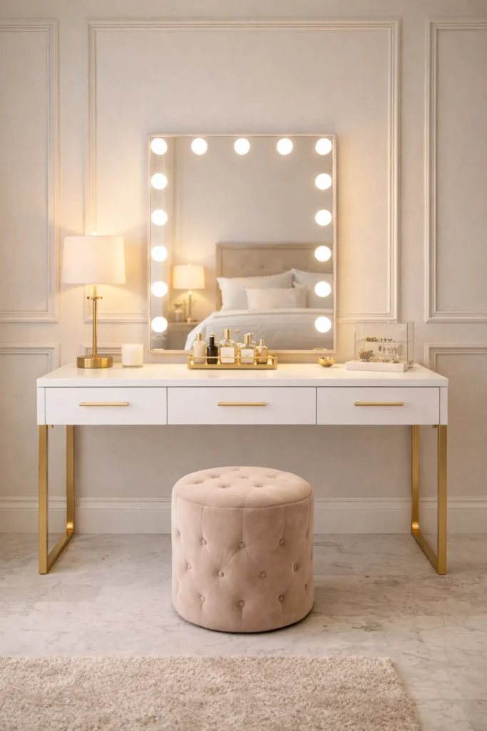 Glam White Vanity with Hollywood Mirror Idea