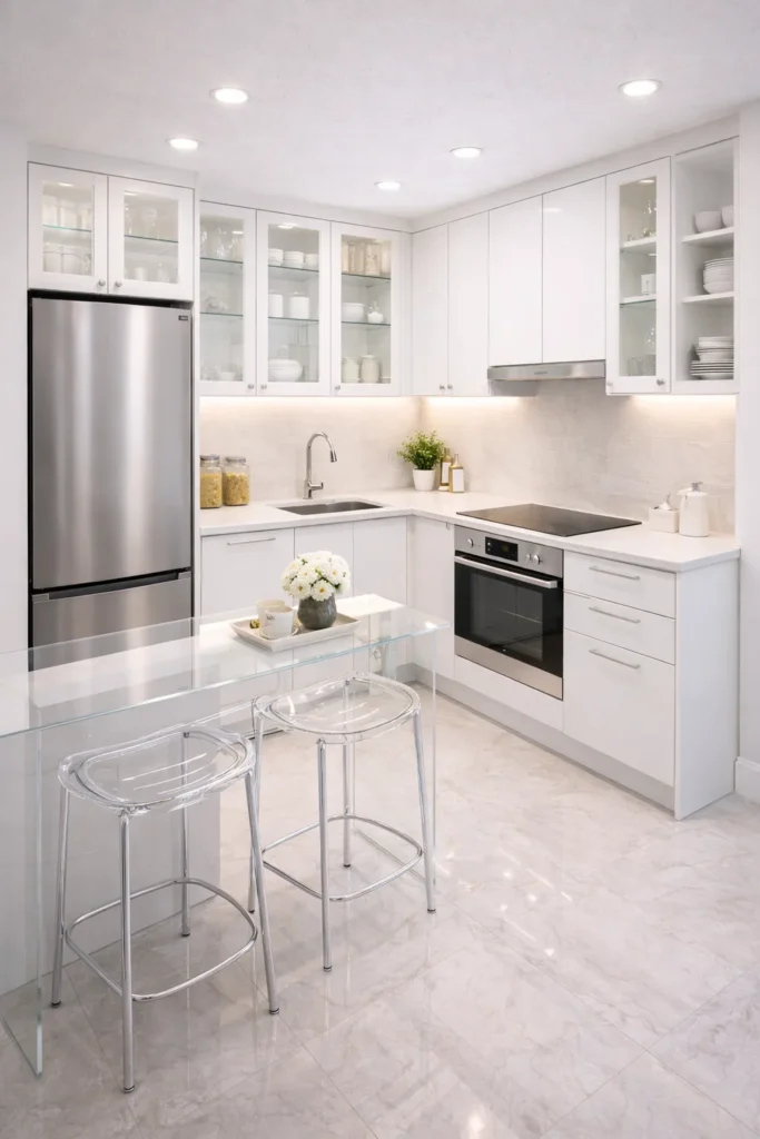 Glass-Accent Small Kitchen for Open Feel Idea