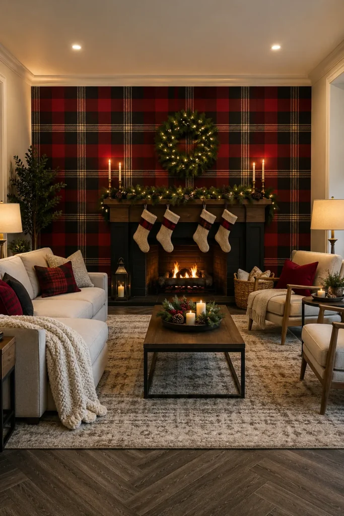 Grand Living Room Red Plaid Fireplace Wall Idea