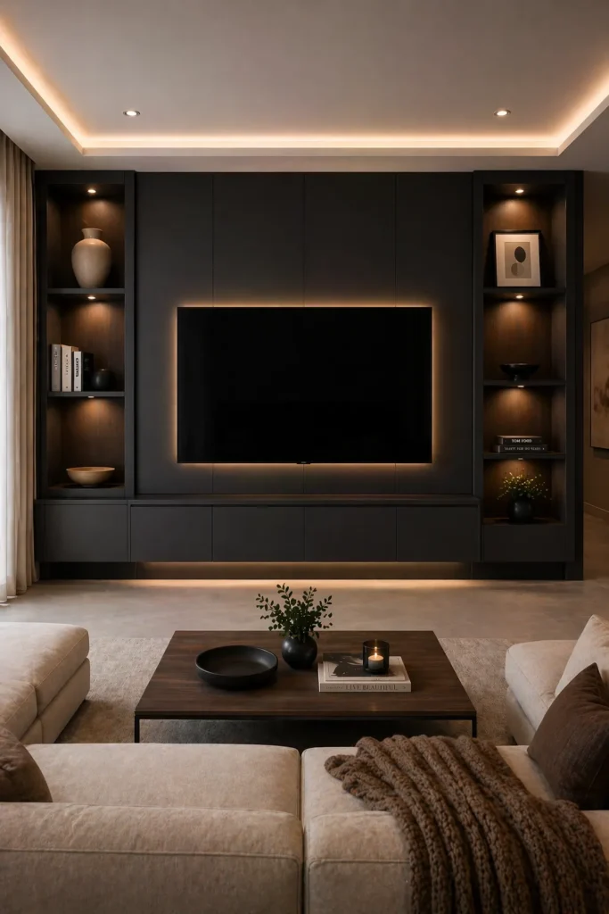 Graphite Luxury Shelf Media Wall Idea