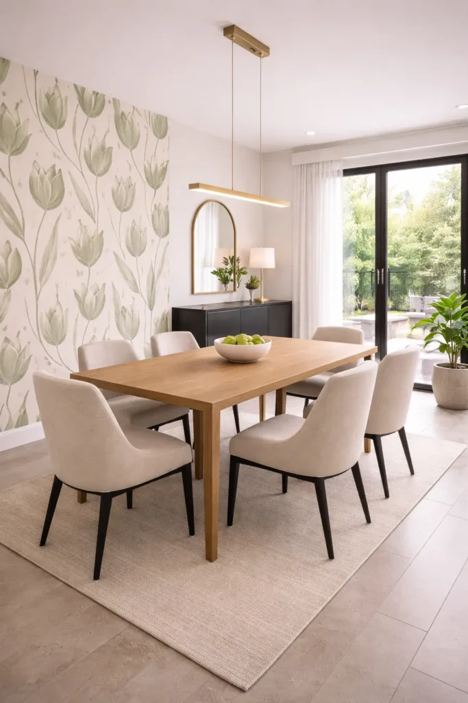 Green Tulip Floral Wallpaper Contemporary Dining Space Idea