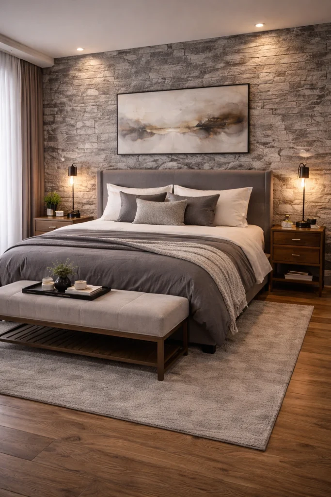 Grey Brick Accent Wall Bedroom Idea
