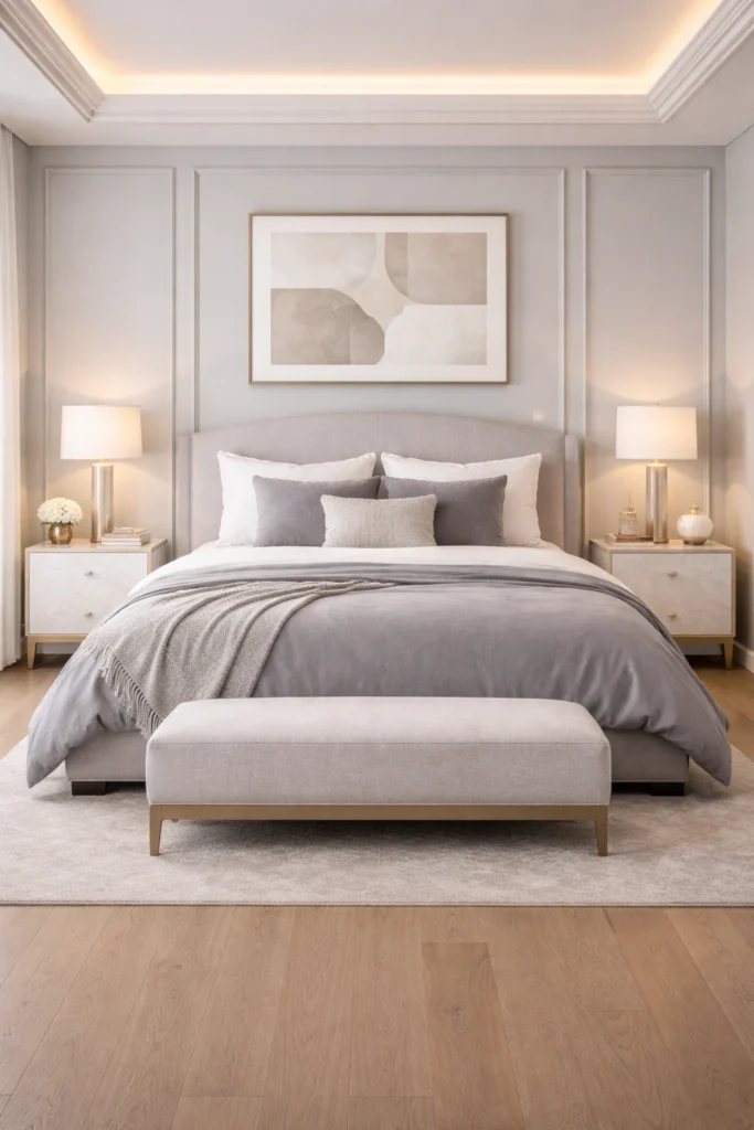 Grey Crown Molding Elegant Bedroom Idea