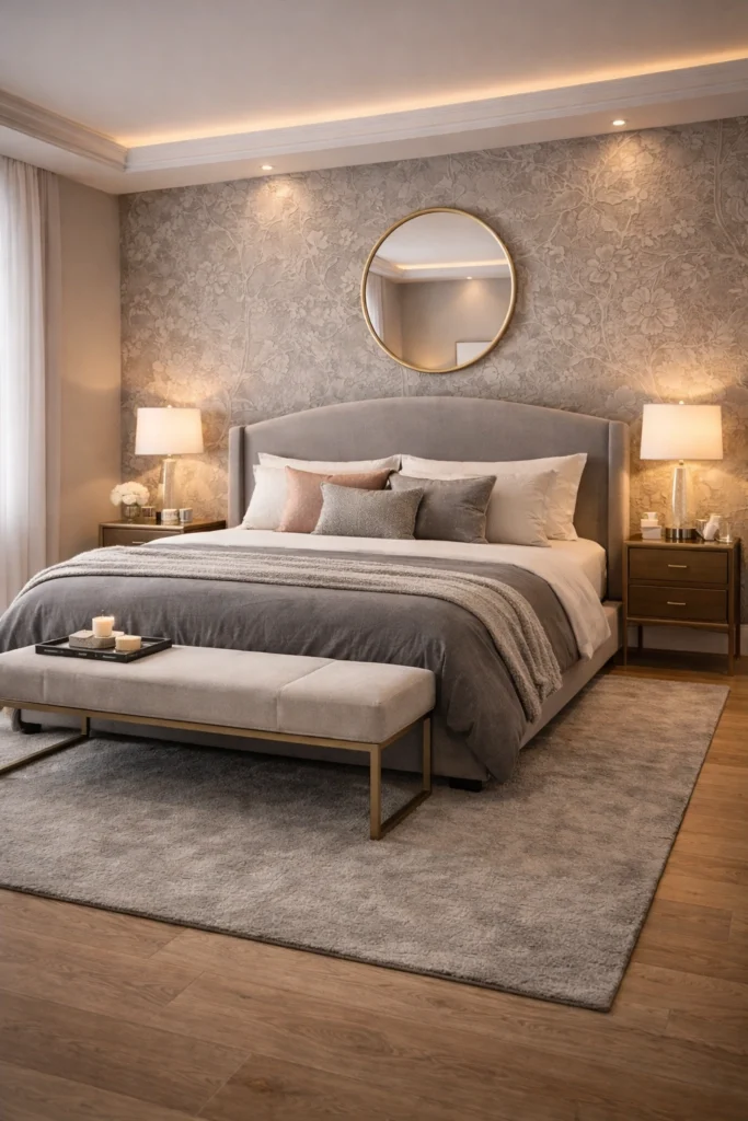 Grey Floral Wallpaper Elegant Bedroom Idea