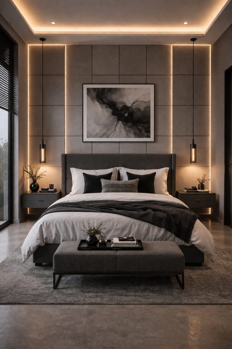 Grey Grid Panel Modern Bedroom Idea