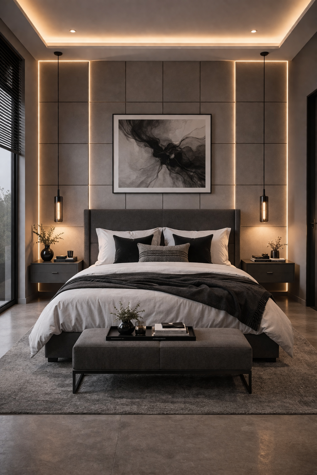 Grey Grid Panel Modern Bedroom Idea
