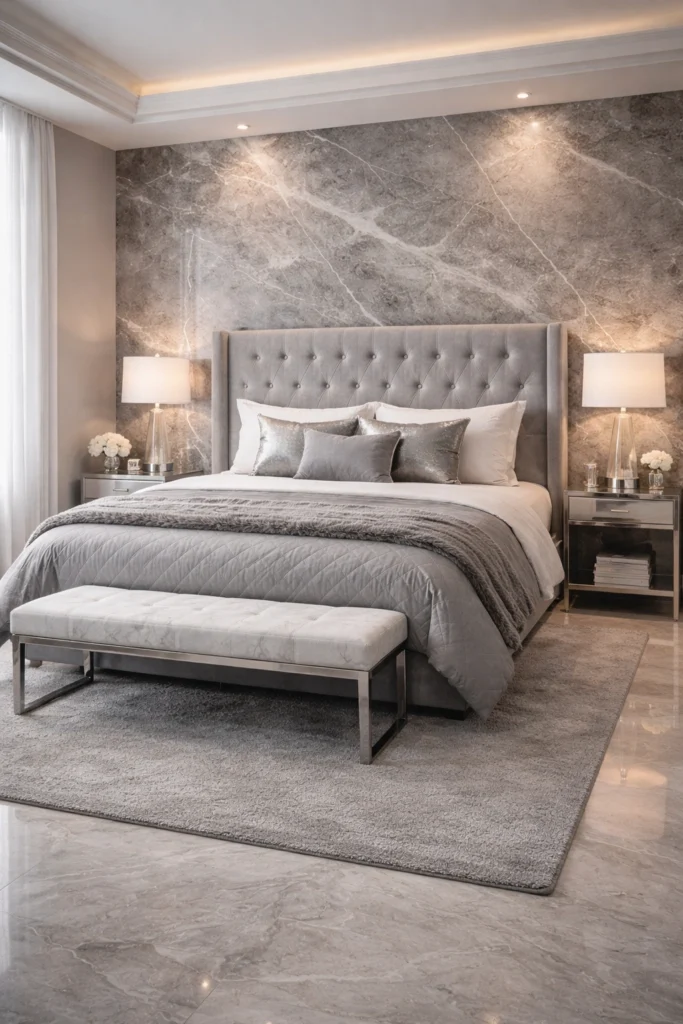 Grey Marble Feature Wall Glam Bedroom Idea