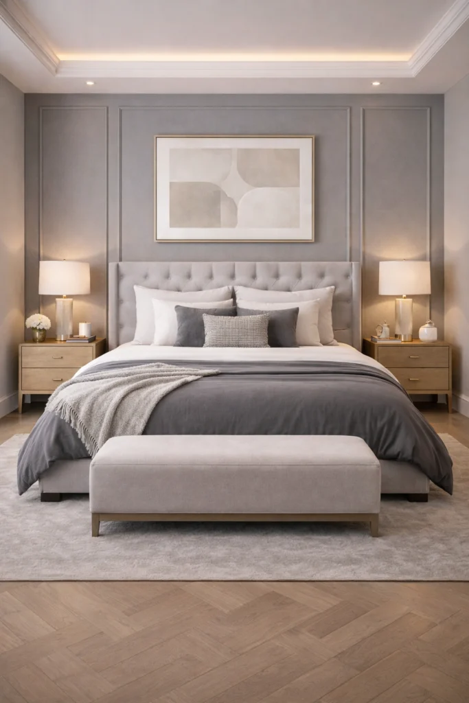 Grey Paneled Wall Luxury Bedroom Idea