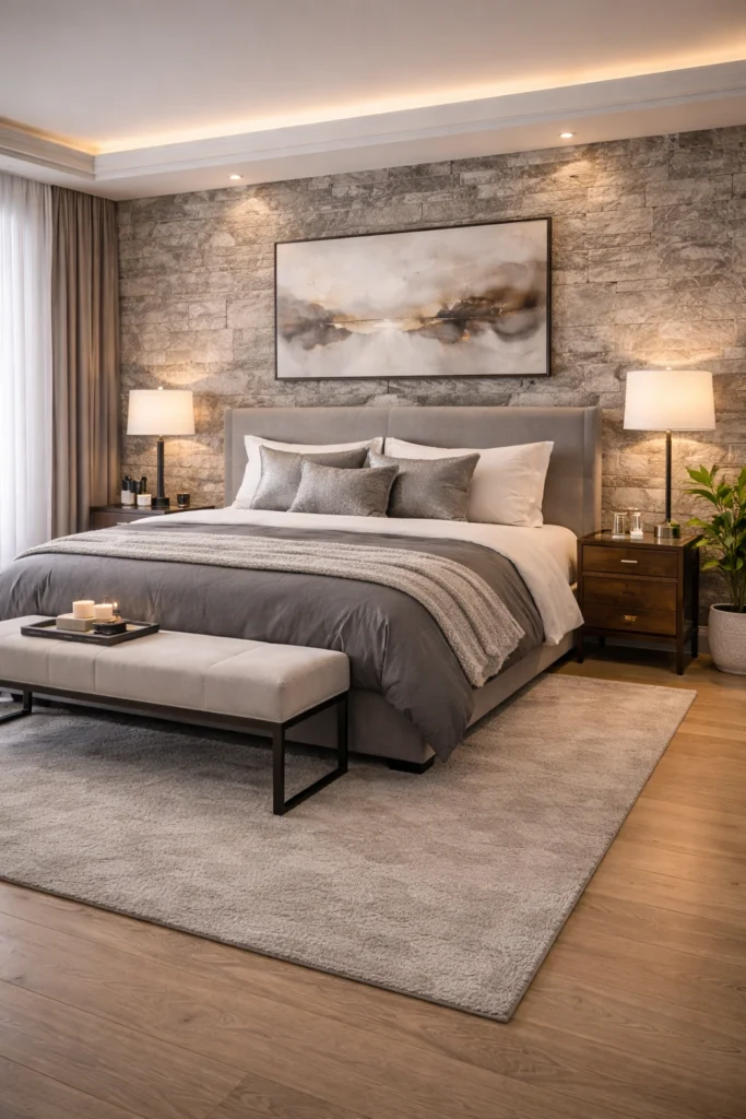 Grey Stone Feature Wall Bedroom Idea