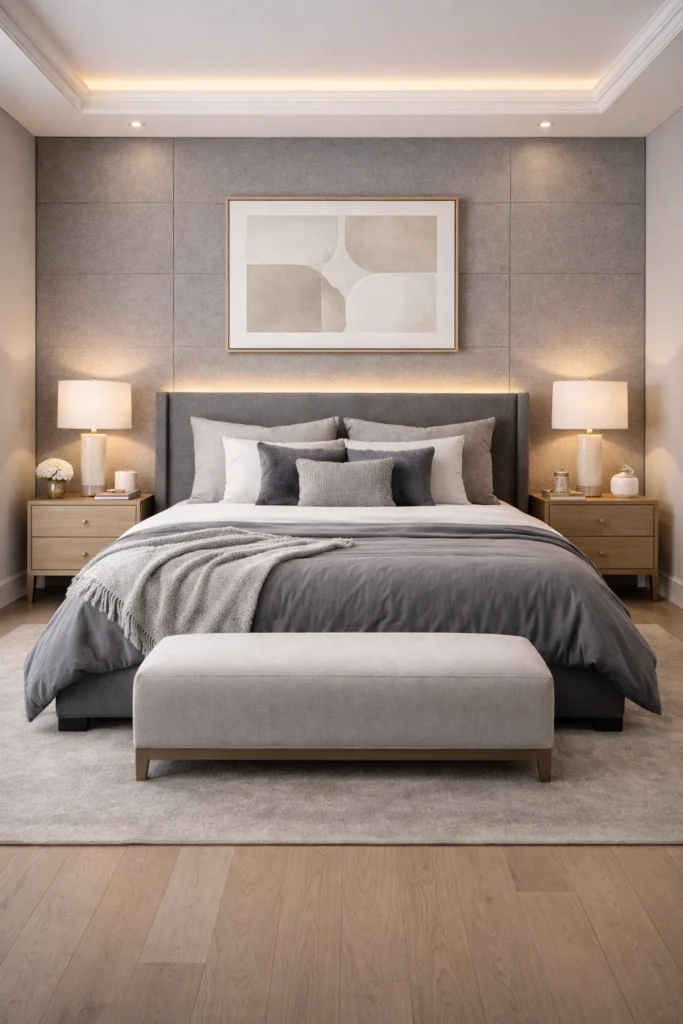 Grey Textured Fabric Wall Elegant Bedroom Idea