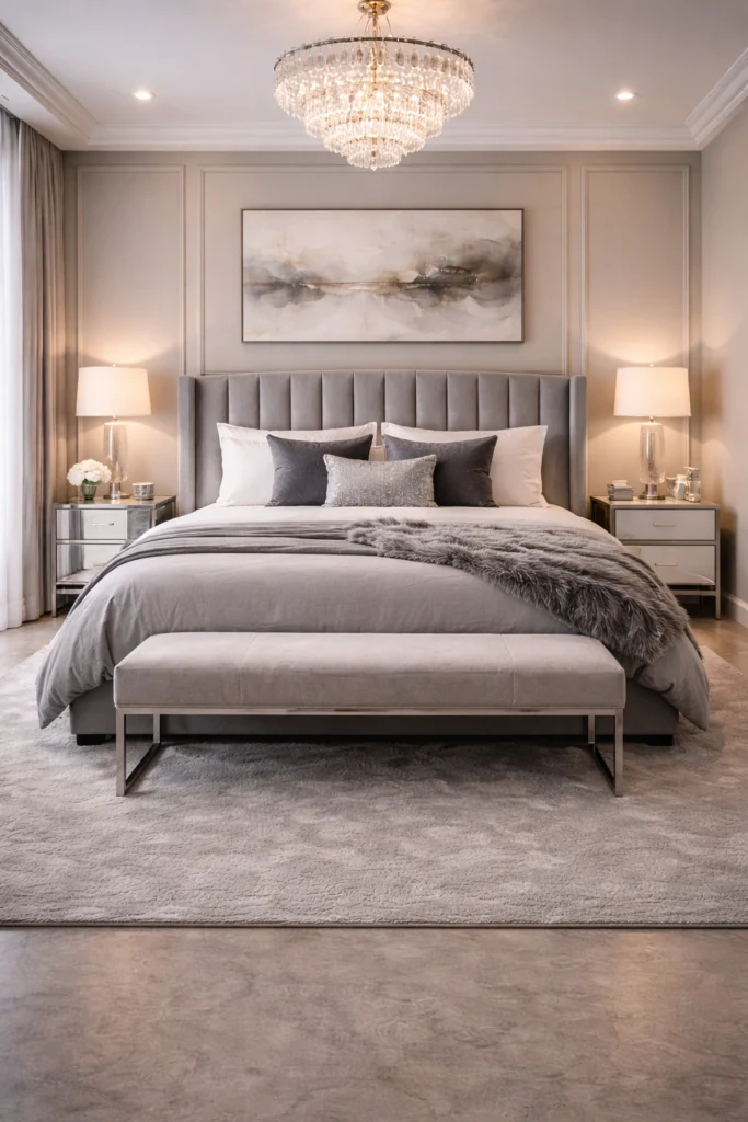 Grey Velvet Headboard Glam Bedroom Idea