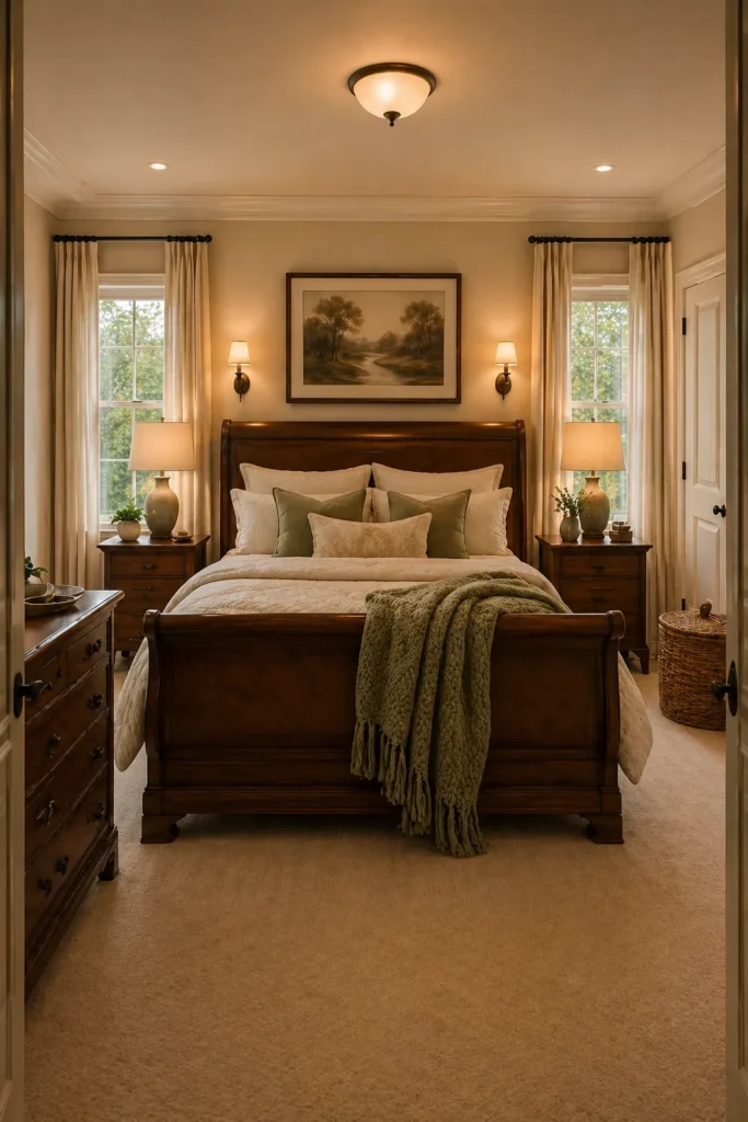 Guest Bedroom with Chestnut Sleigh Bed Idea