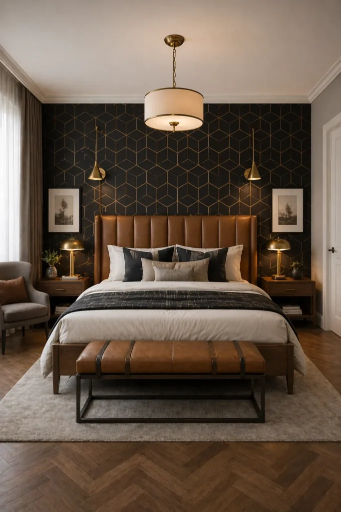 Guest Bedroom with Black Geometric Wallpaper Idea