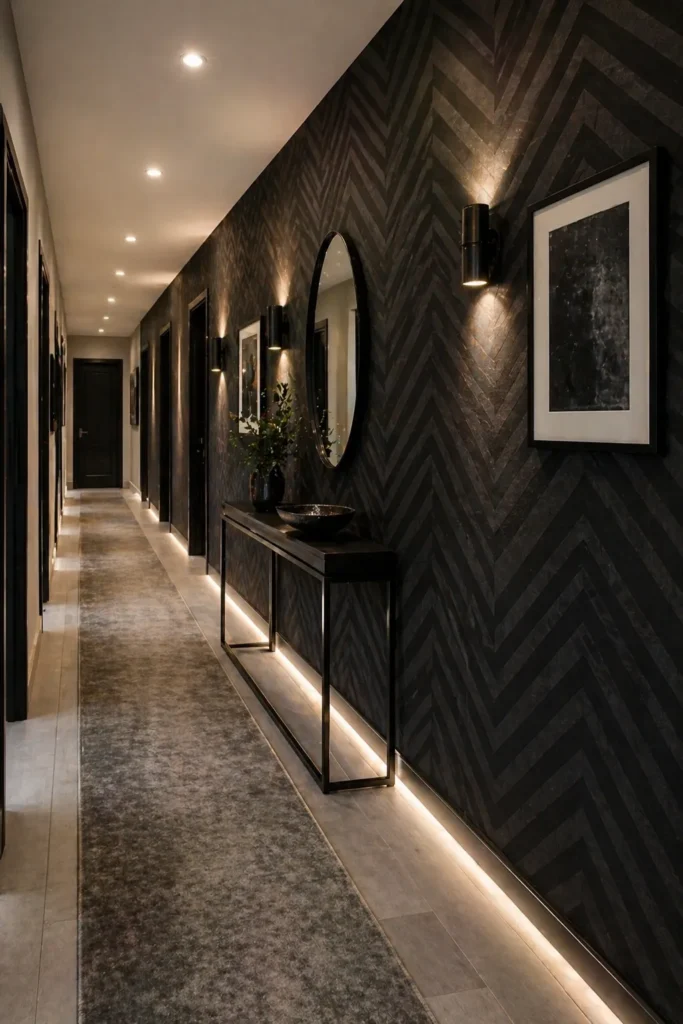 Hallway with Black Chevron Wallpaper Idea