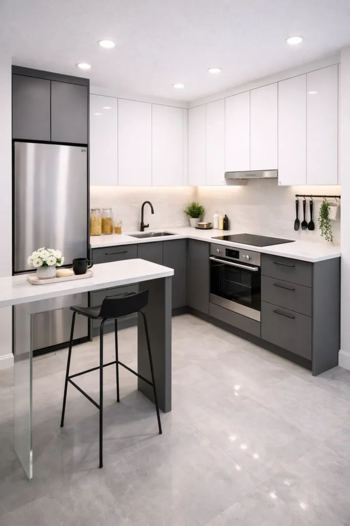 High-Contrast Grey Small Kitchen with Smart Storage Idea