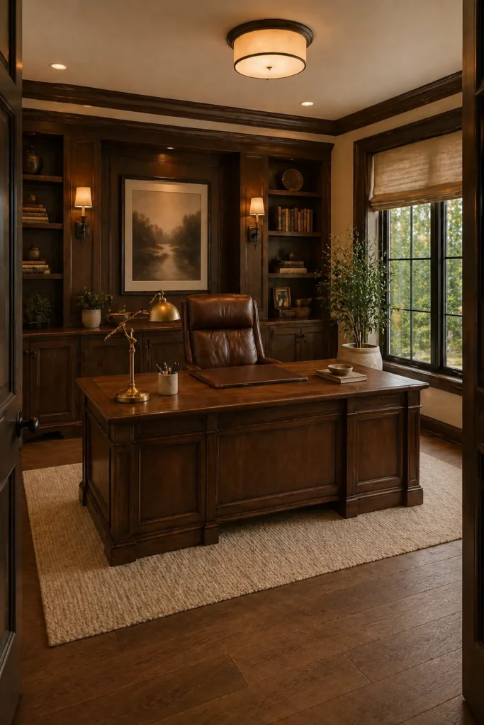 Home Office with Brown Executive Desk Idea