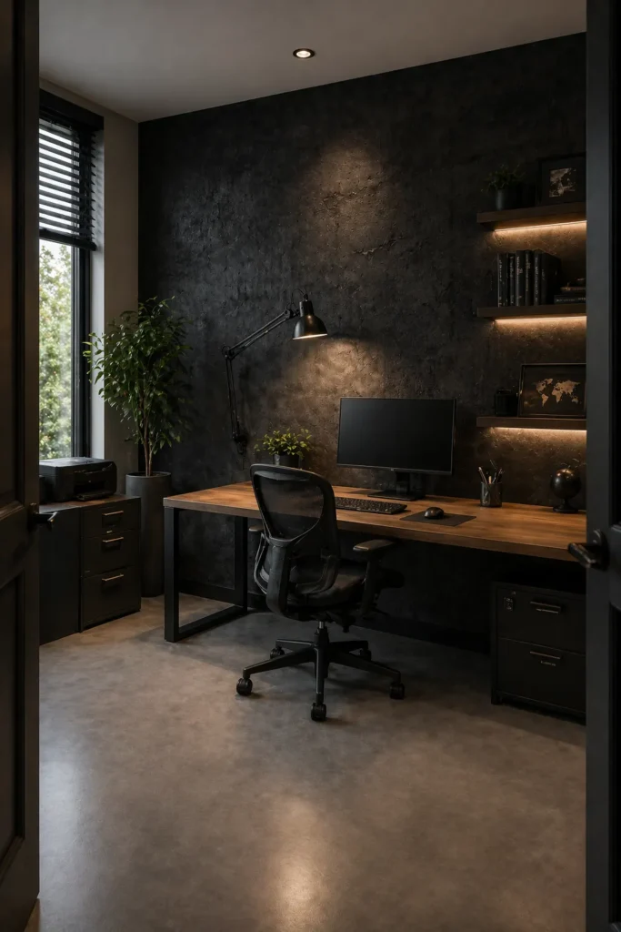 Home Office with Black Concrete Texture Wallpaper Idea