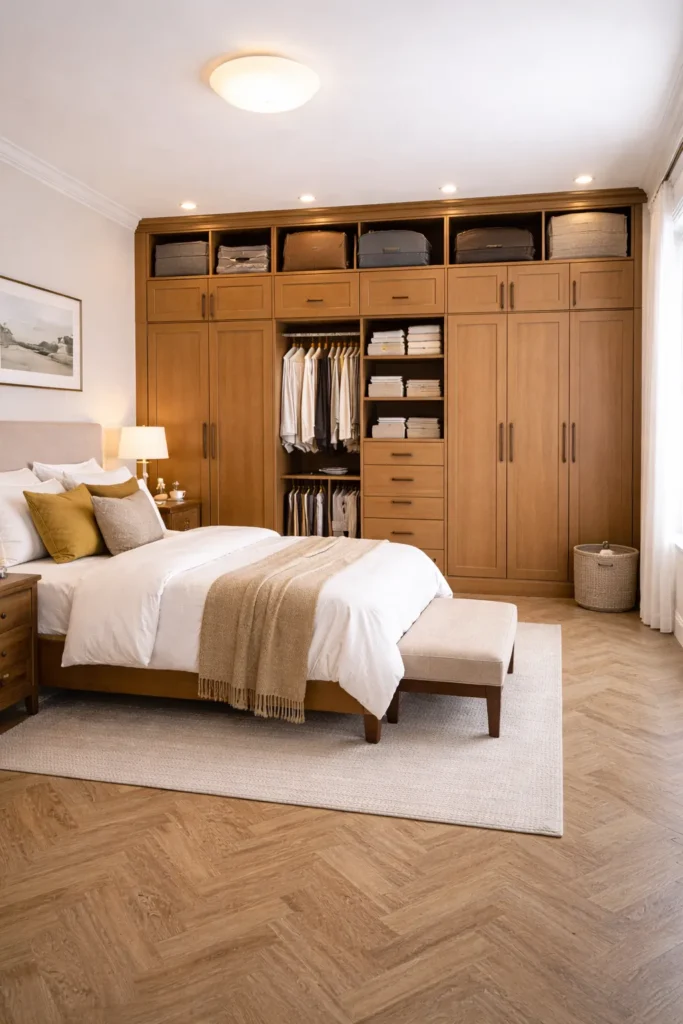 Honey Wood Wardrobe with Luggage Loft Space Idea