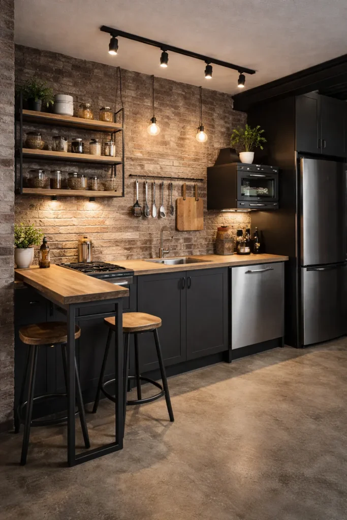 Industrial Small Kitchen with Dark Accents Idea
