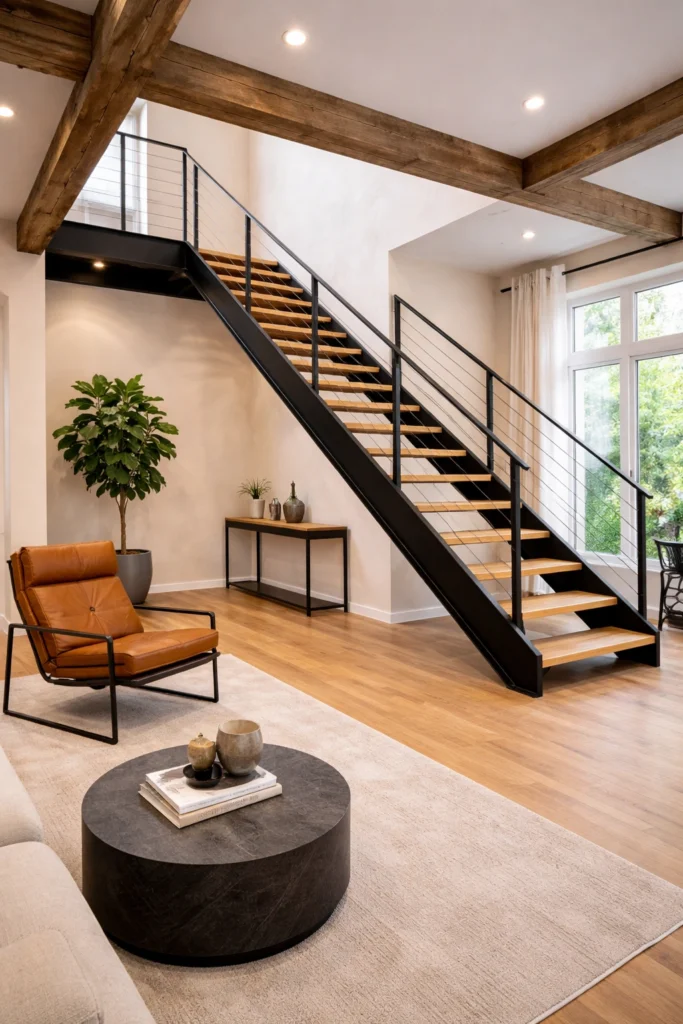 Industrial Metal Staircase in Open Living Space Style