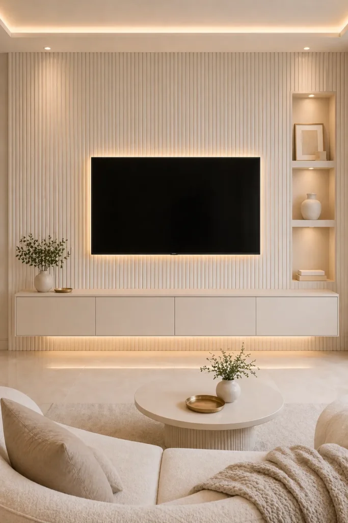 Ivory Ribbed Texture Media Wall Idea