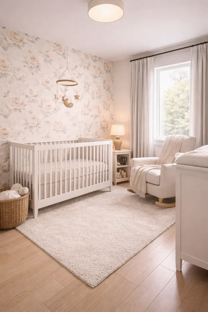 Ivory Rose Floral Wallpaper Calm Nursery Room Idea