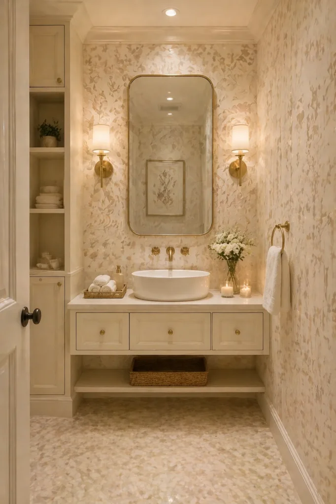 Ivory Botanical Powder Room Wallpaper Idea
