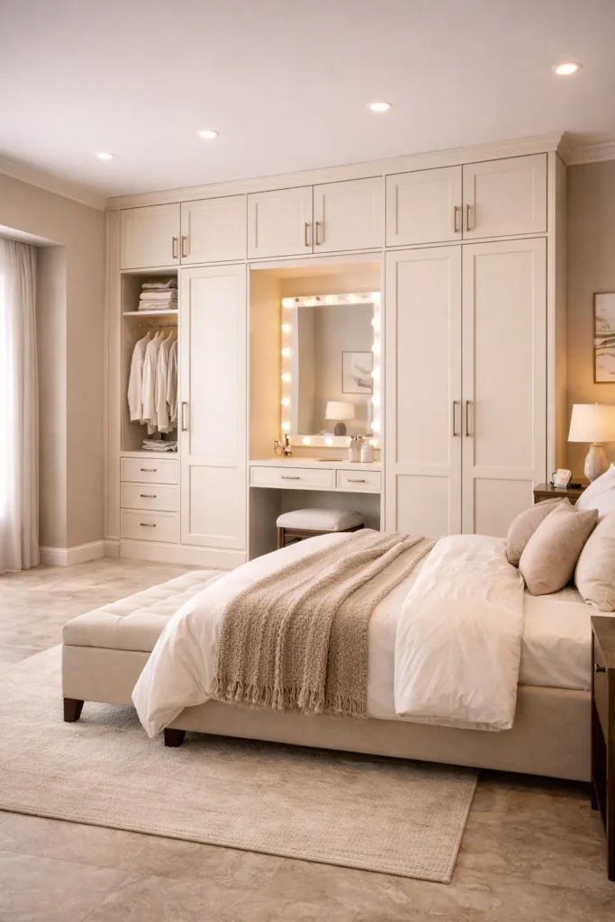 Ivory Wardrobe with Built-In Vanity Section Idea