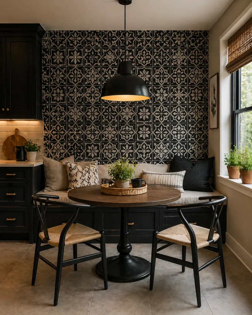 Kitchen Breakfast Nook with Black Tile Print Wallpaper Idea