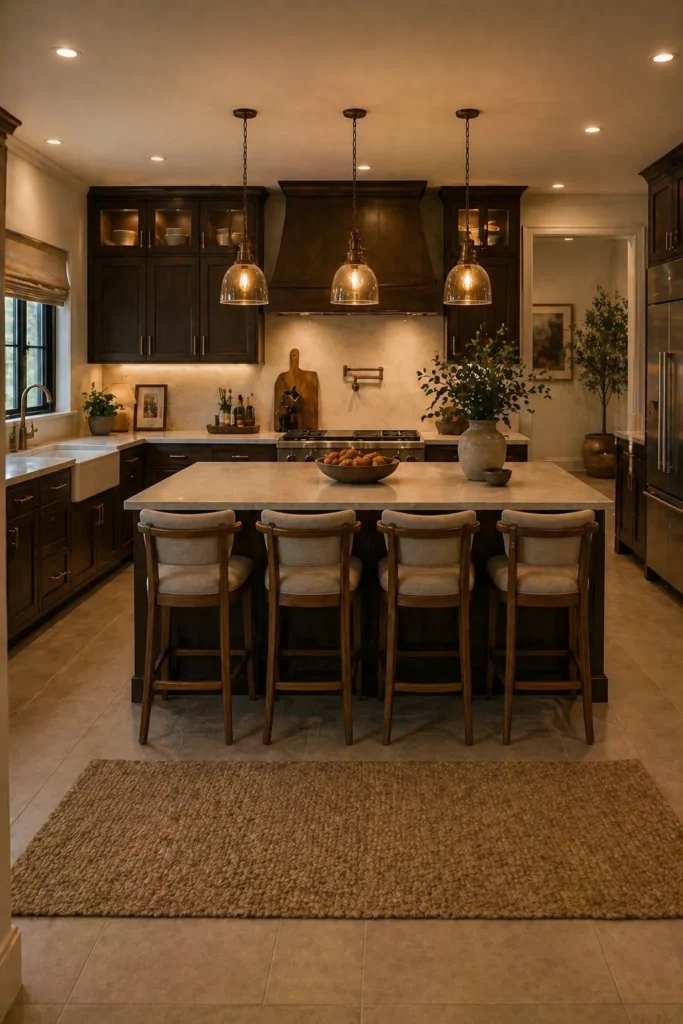Kitchen with Brown Island Cabinets Idea