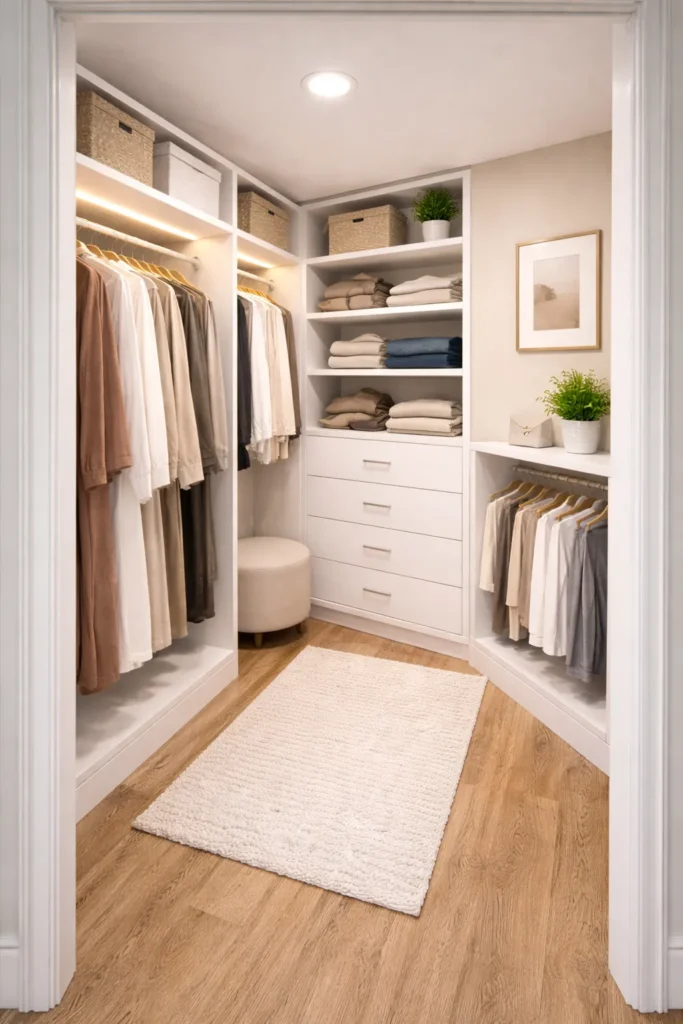 L-Shaped Walk-In Closet With Clean White Shelving Idea