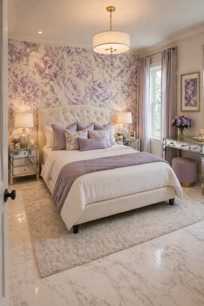 Lavender Peony Guest Bedroom Feature Wall Idea