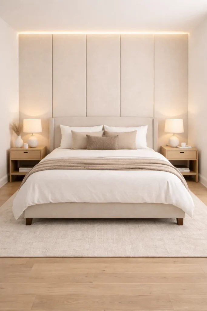Light Beige Minimal Bedroom With Soft Panel Headboard Idea