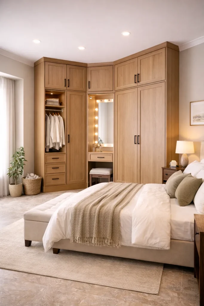 Light Walnut Corner Wardrobe for Small Bedrooms Idea
