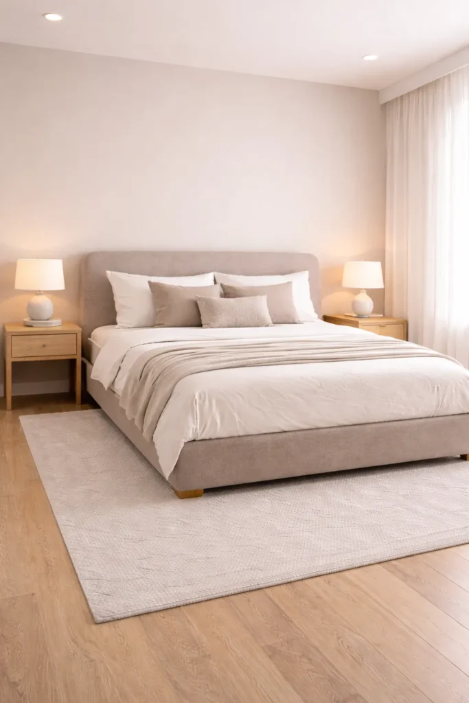 Light Taupe Minimal Bedroom With Soft Fabric Bed Idea