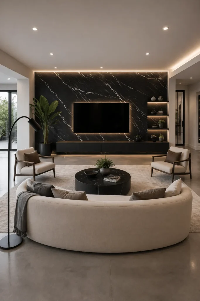 Living Room with Black Marble Vein Wallpaper Idea